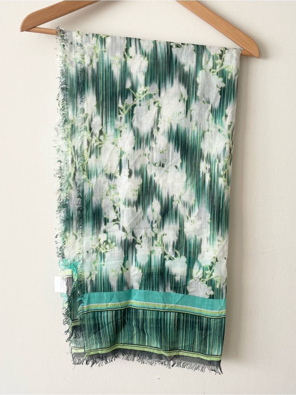 Matthew Williamson Floral Stripe Lightweight Scarf Cashmere Modal Blend Green